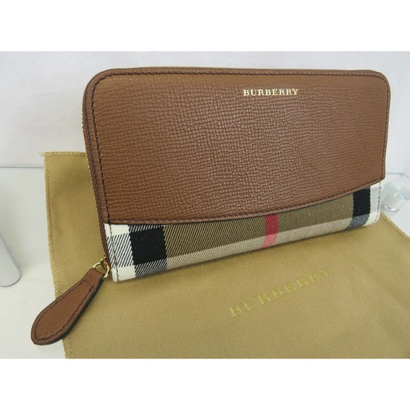 BURBERRY ELMORE BROWN HOUSE CHECK DERBY LEATHER ZIP AROUND LOGO CLUTCH WALLET - Picture 2 of 12